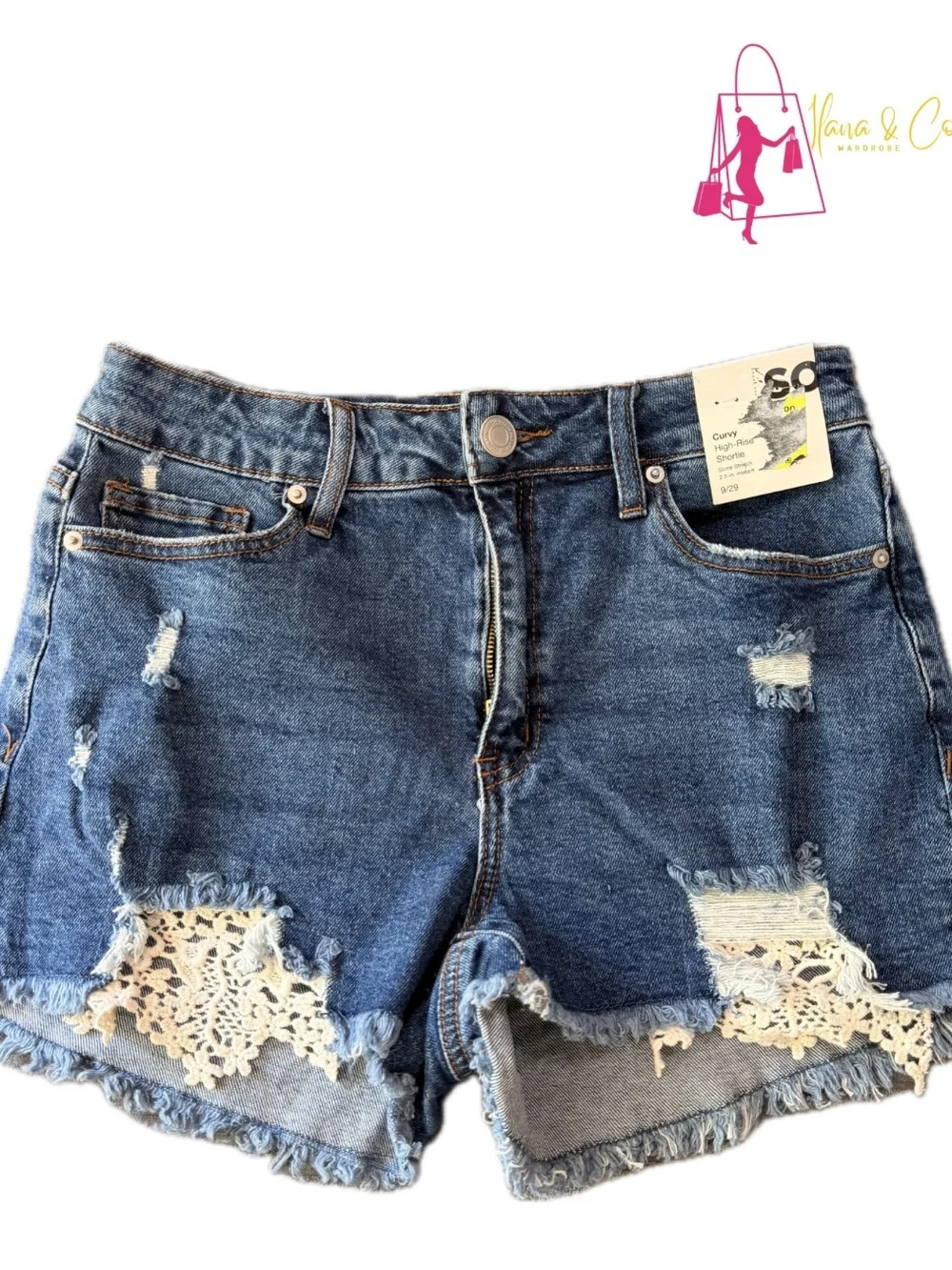 Distressed Blue Denim Shorts with Lace Trim